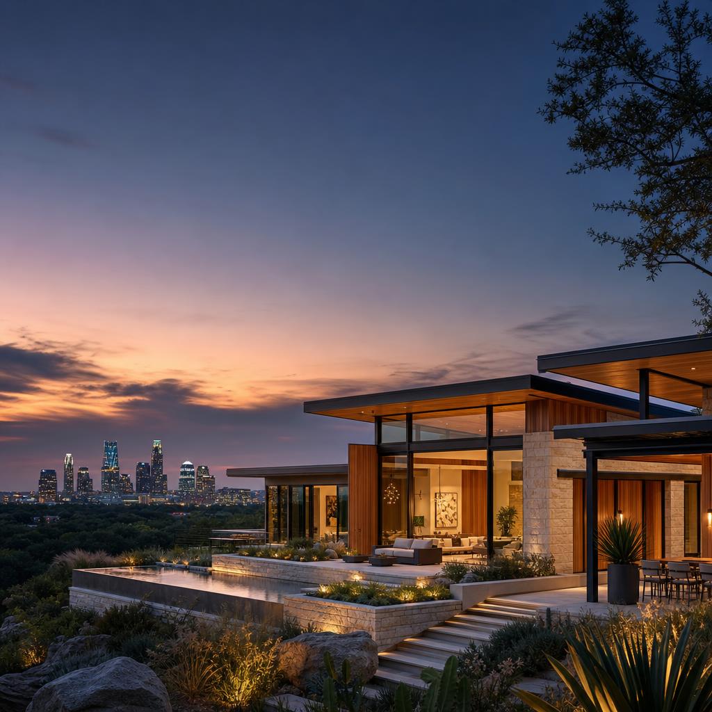 Modern Austin home with skyline views and native Texas landscaping