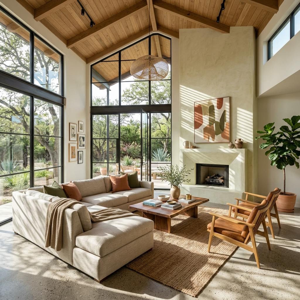 Austin living room with natural wood ceiling, large windows, and warm modern furnishings