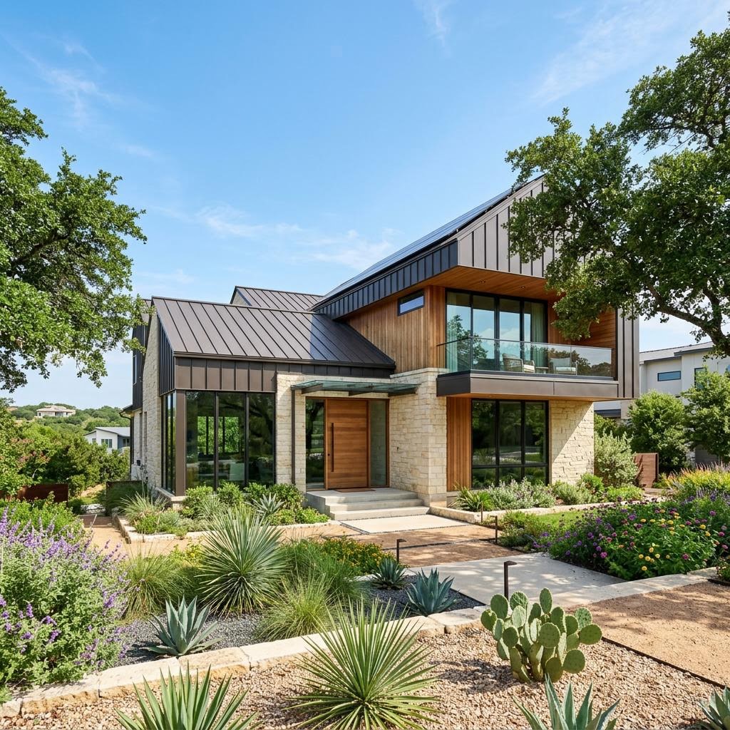 Modern Austin home with metal roof and drought-tolerant landscaping