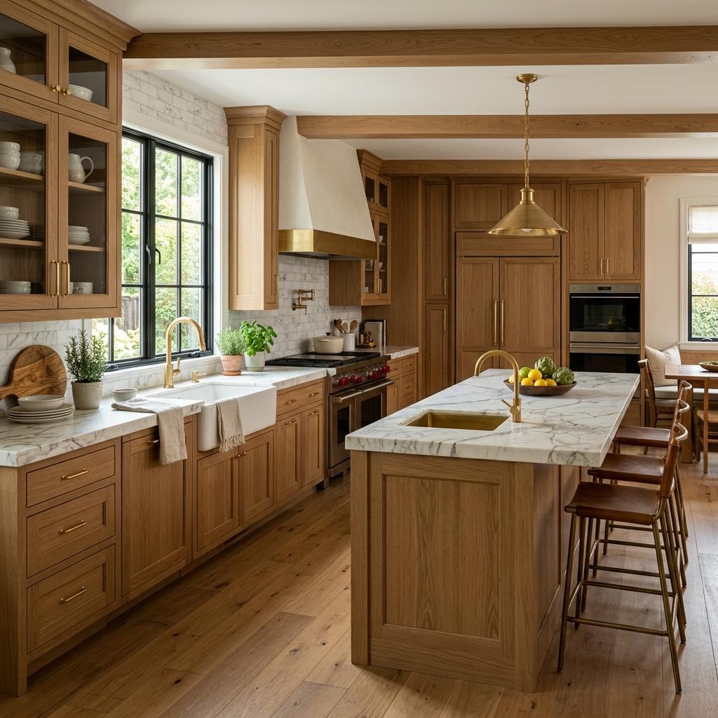 Warm wood Austin kitchen renovation with marble island and brass fixtures